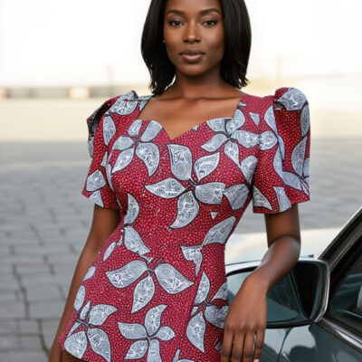 Crimson Ankara Puff Sleeve Dress