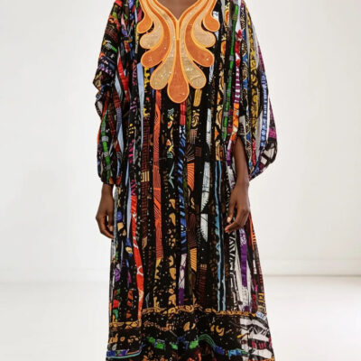 Women's Colourful Embroidered Ankara & Organza Maxi Dress