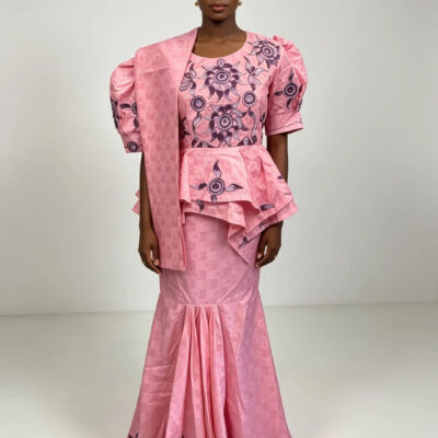 Egyptian Bazin Brocade Embroidered Skirt & Blouse Set with Scarf (3-Piece)