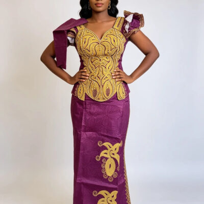 Women's Embroidered Magenta Bazin Brocade Skirt, Wrapper & Blouse Set (3-Piece)