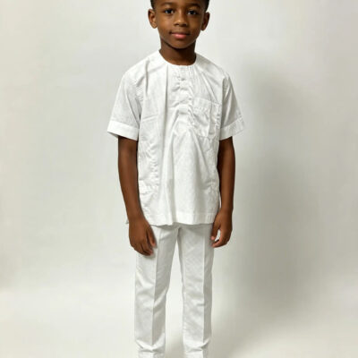 Boys’ White Brocade Two-Piece Suit – Ages 2–3